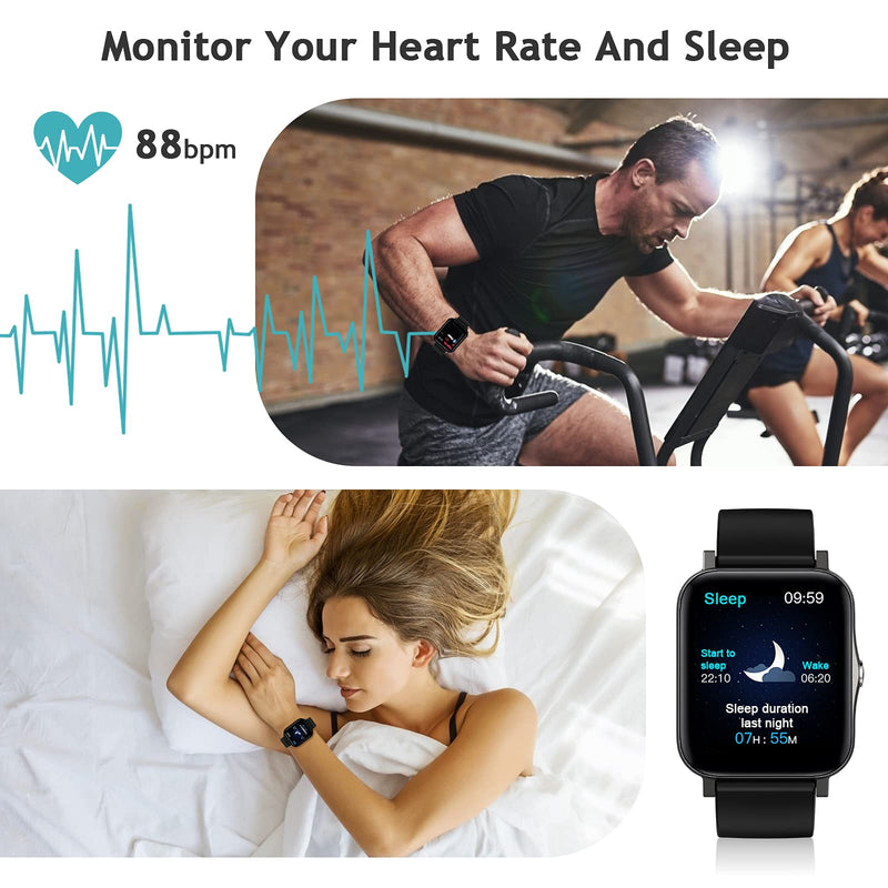 Xercise 1.7" Smart Watch for Android Phones, Compatible with iPhone Samsung, Fitness Tracker with Blood Pressure Monitor, Heart Rate and Blood Oxygen Meter, IP68 Smart Watch for Women Men Black