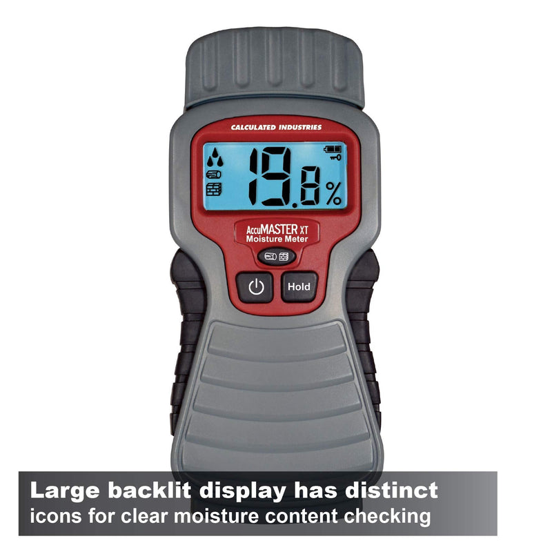 Calculated Industries 7440 AccuMASTER XT Digital Moisture Meter | Handheld |Pin Type | Backlit LCD Display | Detects Leaks, Damp and Moisture in Wood, Walls, Ceilings, Carpet and Firewood Pin-Type, Backlit LCD Sensors