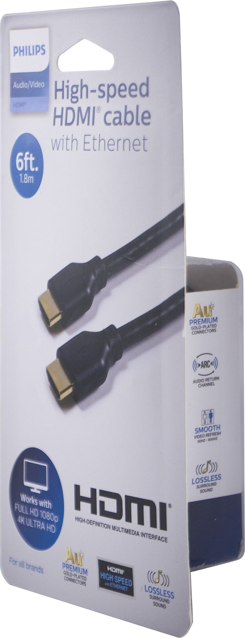 Philips 4K High-Speed HDMI Ethernet Cable 6ft (1.8m), Supports 4K Ultra HD, Full 1080P HDTV, Ethernet & ARC (Audio Return Channel), Au Premium Gold-Plated Connectors, Black, SWV2432H/37