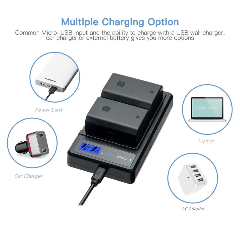 COOLSHOW NP-FZ100 Battery Replacement 2 Pack and FZ100 Battery Dual LCD Charger for Sony Alpha 9,A9,Alpha 9R,A9R,Alpha 9S, BC-QZ1,A7RIII,A7R3,a7 III,a7R IV Digital Camera