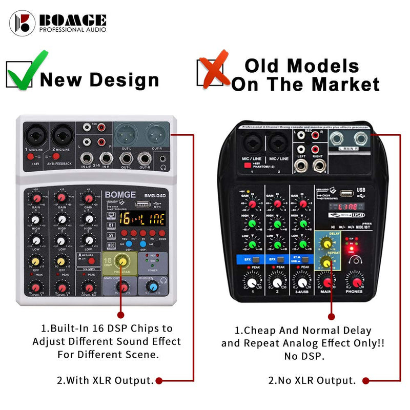 BOMGE 04D portable bluetooth 4 Channel DJ audio sound mixer mixing console with usb interface , 48V Phantom Power input, 16 Echo effects for recording, live streaming, singing (Black) black