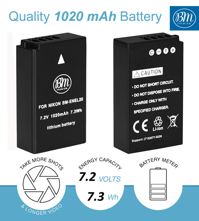 BM Premium EN-EL20, EN-EL20A Battery and Battery Charger for Nikon Coolpix P950, P1000, DL24-500, Coolpix A, 1 AW1, 1 J1, 1 J2, 1 J3, 1 S1, 1 V3 Digital Camera