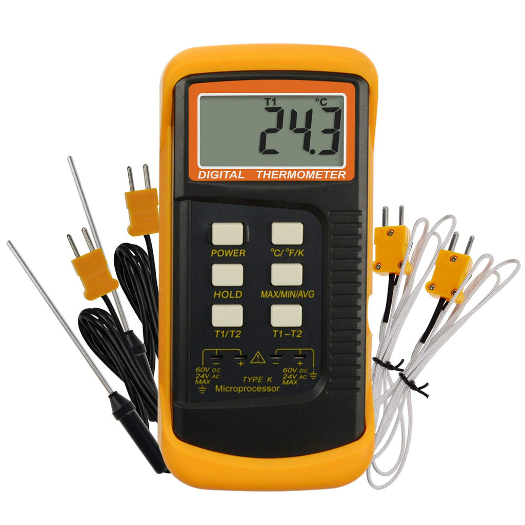 Digital 2 Channels K-Type Thermometer 4 Thermocouples Probe Sensor Tester Monitor Wired & Stainless Steel -50~1300°C -58~2372°F Temperature Kelvin Scale Dual Measurement Kit with 4 K- type