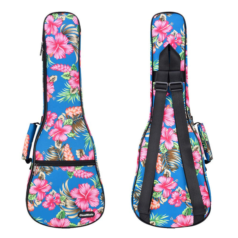 CLOUDMUSIC Hawaiian Hibiscus and Palm Ukulele Case Ukulele Backpack with Black Strap (Soprano, Hawaii Hibiscus and Palm In Light Blue) Soprano