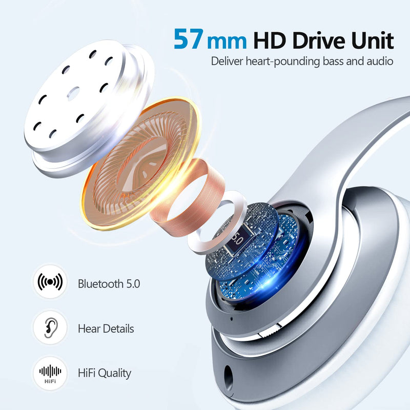 Bluetooth Headphones Over-Ear, 60 Hours Playtime Foldable Lightweight Wireless Headphones Hi-Fi Stereo with 6 EQ Modes, Bass Adjustable Headset with Built-in HD Mic, FM, SD/TF for Cell Phone/PC/Home Silver