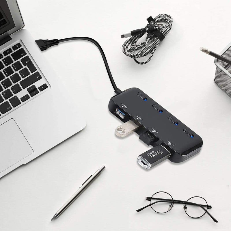 4-Port USB 3.0 Hub with Individual Power Switches and Lights, High-Speed Data Hub Splitter Portable USB Extension Hub for PC Laptop and More