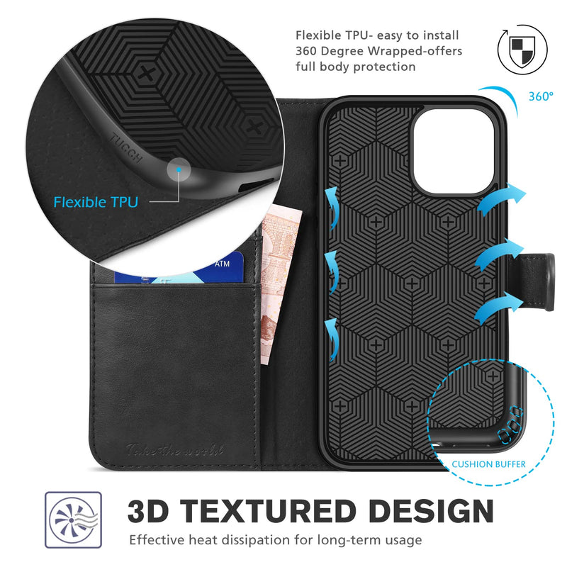 [AUSTRALIA] - TUCCH Wallet Case for iPhone 12 Pro/iPhone 12 5G, RFID Blocking Card Slot Stand [Shockproof TPU Interior Case] PU Leather Magnetic Protect Flip Cover Compatible with iPhone 12/12 Pro 6.1-inch, Black 