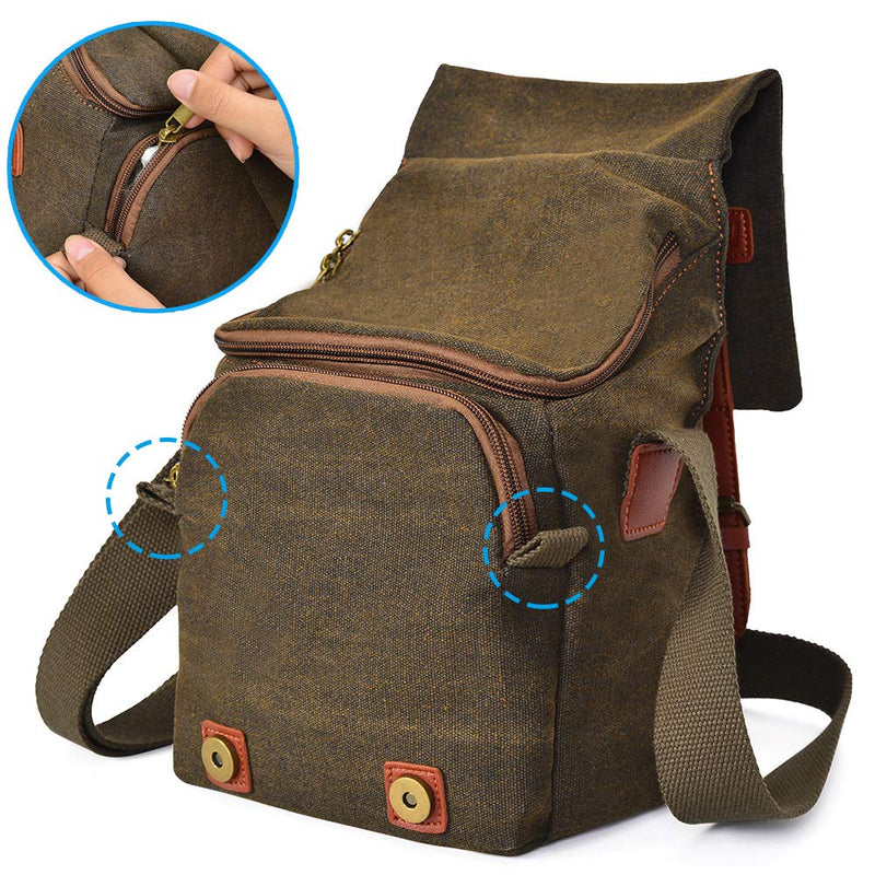 CADeN Compact Camera Bag Case Canvas Leather Trim Compatible for Nikon, Canon, Sony Mirrorless Camera and Lenses Waterproof, Camera Shoulder Messenger Bag Brown Small