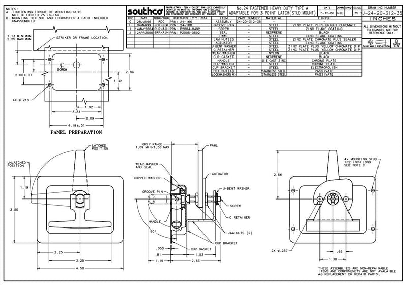 24-20-312-35, Flush Cup T-Handle Series Cam Latches, Southco