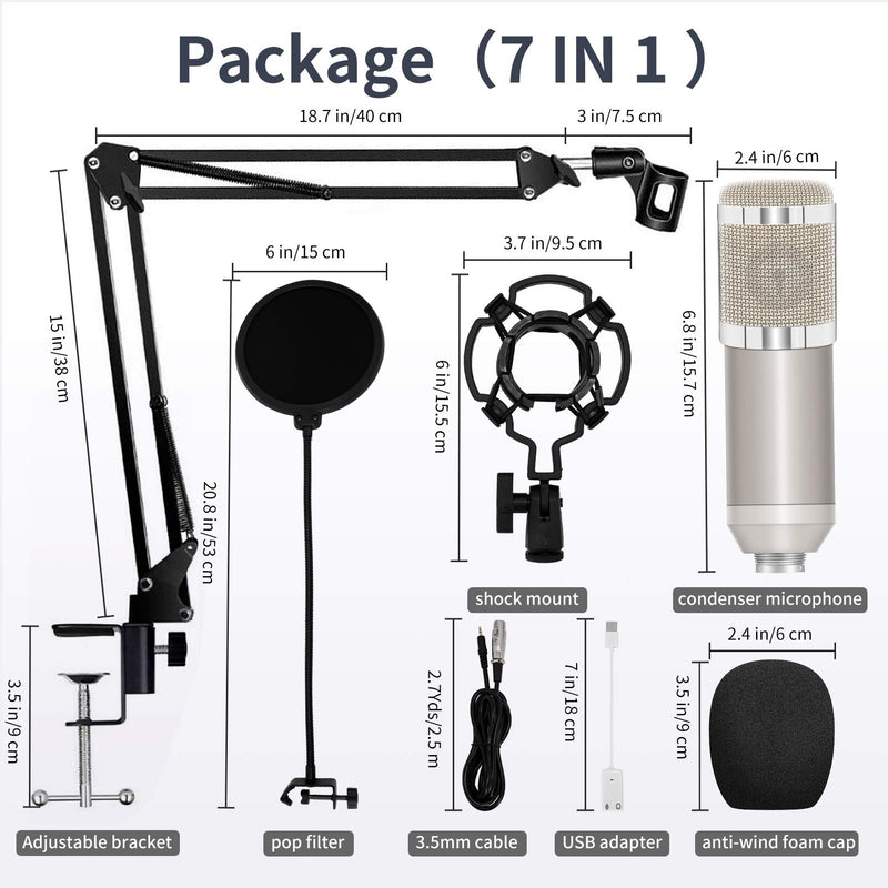 YOLETO Condenser Microphone Kit Professional Podcast Mic with Adjustable Stand, Shock Mount and Pop Filter for Streaming/Recording/Gaming Studio/YouTube Video