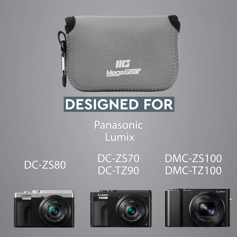 MegaGear ''Ultra Light'' Neoprene Camera Case Bag with Carabiner for Panasonic Lumix DC-ZS80, DC-ZS70, DMC-ZS100, DC-TZ95, DC-TZ90, DMC-TZ100 (Gray) Gray