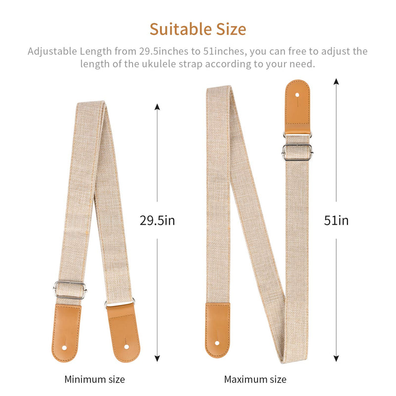 Dulphee Ukulele Strap with 1 Pick & 1 Button, Cotton Linen Adjustable Uke Shoulder Strap for Soprano Concert Tenor Baritone Ukulele, Banjo and Mandolin (Beige) Beige