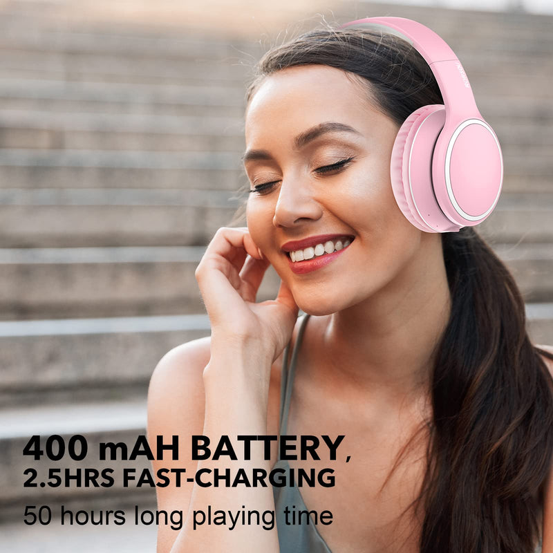 RORSOU B10 Bluetooth Headphones Over Ear, Lightweight Folding Stereo Bass Wireless and Wired Headset with Mic, 50H Playtime, Volume Control, Bluetooth 5.3 Headphones for iPad/Travel/Tablet/PC (Pink) Pink