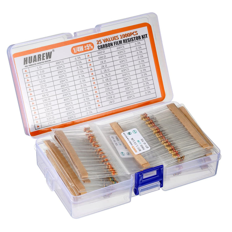 HUAREW 25 Values Single Resistor Kit with 1000 Pcs 1 Ohm-1M Ohm 1/4 W 5% Carbon Film Resistors Assortment Kit for DIY Projects and Experiments