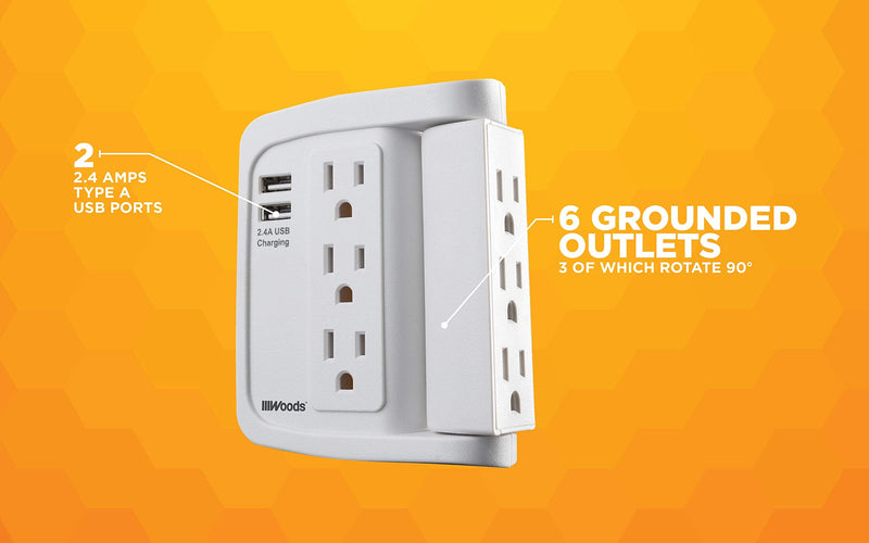 Woods 41424 6 Space Saver Swivel Wall Tap, 3 Rotating Outlets and 2 USB Ports, 500J and 2.4A, White 6 Outlets with 2 USB Ports