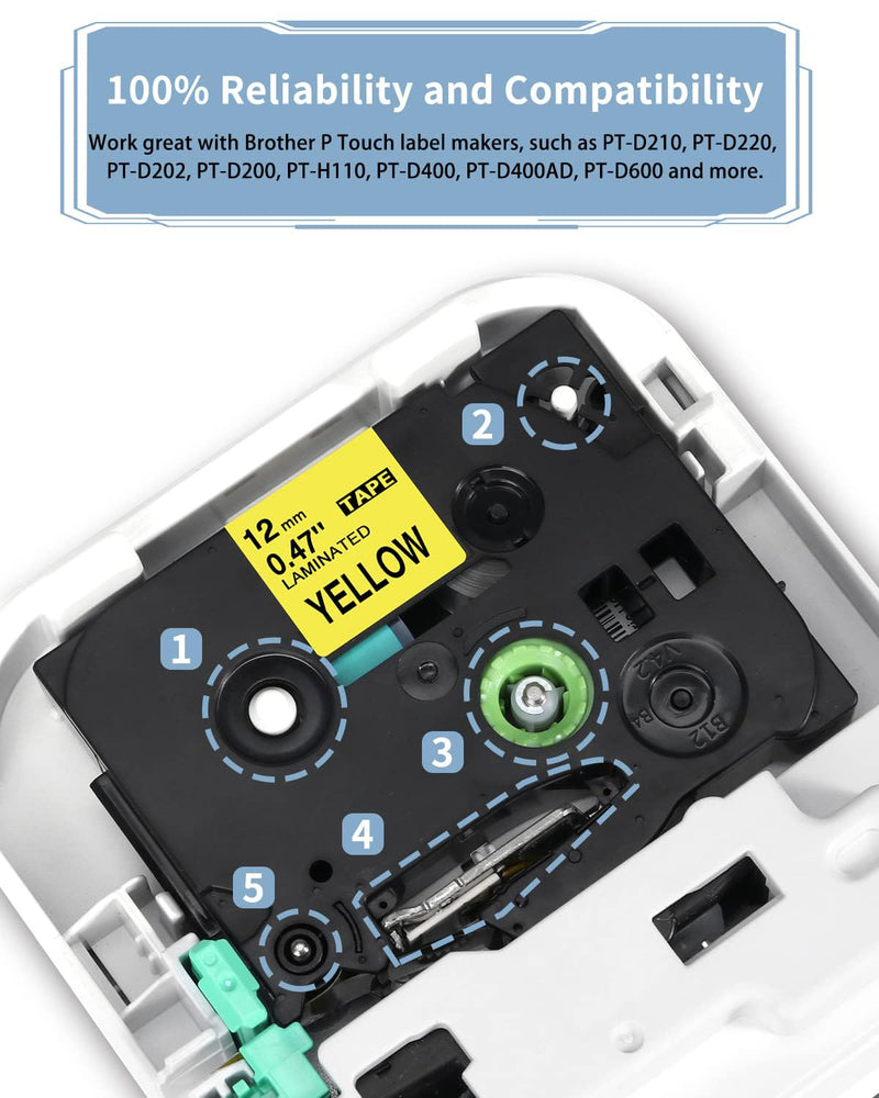 [AUSTRALIA] - MarkDomain Replacement for Brother TZe TZ Tape Black on Yellow TZe-631 TZe631 12mm 0.47 Inch Laminated P Touch Label Tape for Brother P Touch PTD220 PTD210 PTH110 PTD600 Label Makers, 5-Pack 