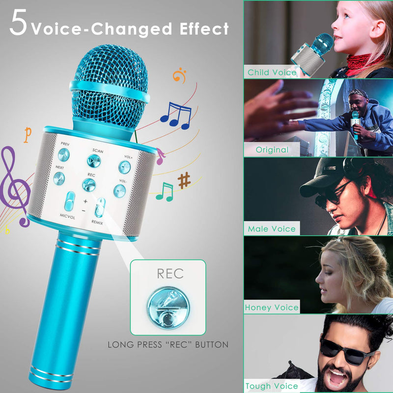 [AUSTRALIA] - KIDWILL Wireless Bluetooth Karaoke Microphone for Kids, 5-in-1 Portable Handheld Karaoke Mic Speaker Player Recorder with Adjustable Remix FM Radio for Kids Girls Boys Teens Birthday (858-Blue) Blue 