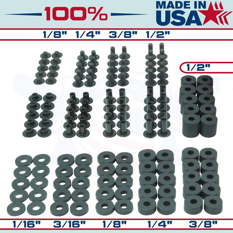 Black Chicago Screw - Thru Hole Binding Post Kit 1/8, 1/4, 3/8, 1/2 Inch Machine Screw Fasteners + Rubber Washers, QuickClipPro Kydex Leather Holster Sheath 1/4" Flat Head - 10 Pack