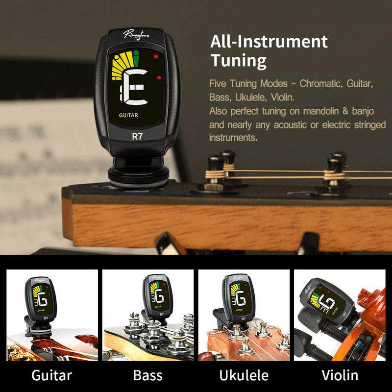 Rinastore Clip-On Tuner For Guitar, Bass, Violin, Ukulele & Chromatic Tuning Modes, Large Colorful LCD Display (RN-A8CS)
