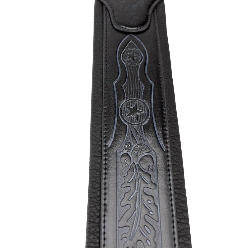 Walker & Williams GB-161 Black Padded Guitar Strap with Oak Leaves & Texas Star