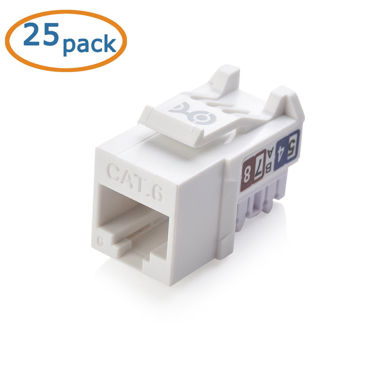Cable Matters UL Listed 25-Pack Slim Profile 90 Degree Cat 6, Cat6 RJ45 Keystone Jack with Keystone Punch Down Stand in White (Model 180070)