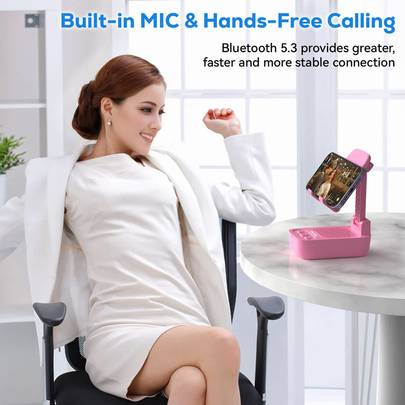comiso Cell Phone Stand with Wireless Bluetooth Speaker, Punchy Bass & HD Stereo Sound Speaker for Home & Outdoors Compatible with iPhone/ipad/Samsung, Unique Ideal Gifts for Men Women-Pink Pink