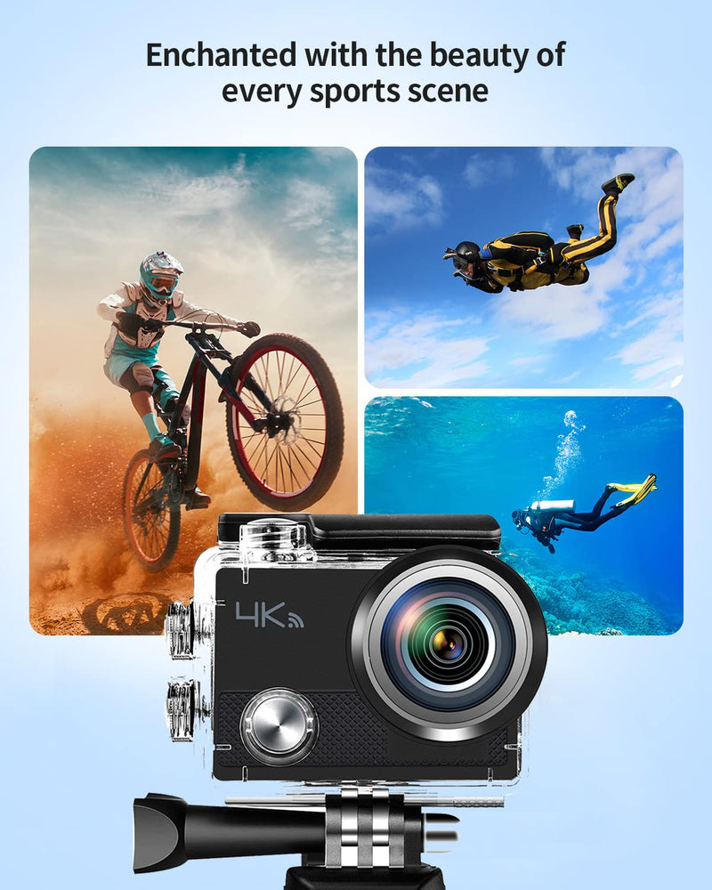 Action Camera 4K Ultra HD Camera, EIS Sports Camera Underwater 30M Waterproof 170° Wide-Angle Lens, 2 1050mAh Batteries and Installation Kit.