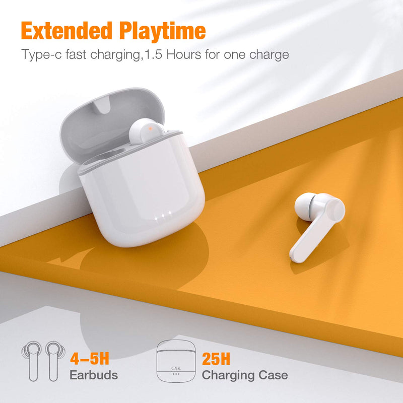 Wireless Earbuds, Bluetooth 5.0 Earbuds Hi-Fi Stereo Headphones 30H Playtime True Wireless Earbuds IPX6 Waterproof Earphones in-Ear Headphones with Mic and Type C for Working/Travel/Gym(White) White