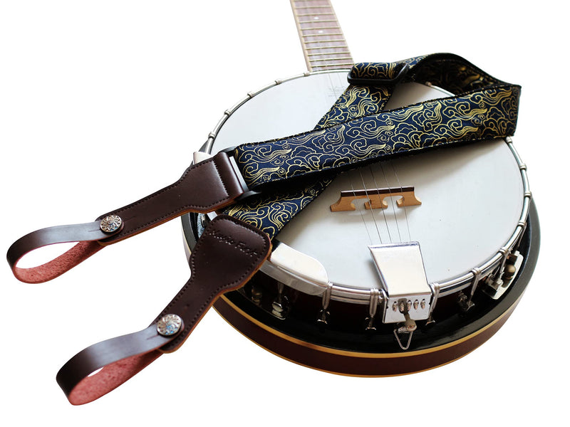 MUSIC FIRST, 2 inch width (5cm), Padded, Vintage Ukiyoe Style"Auspicious Cloud" Soft Muslin & Genuine Leather Delux Banjo Strap, With 2 pieces of MUSIC FIRST Leather Strap Locker. Auspicious Cloud