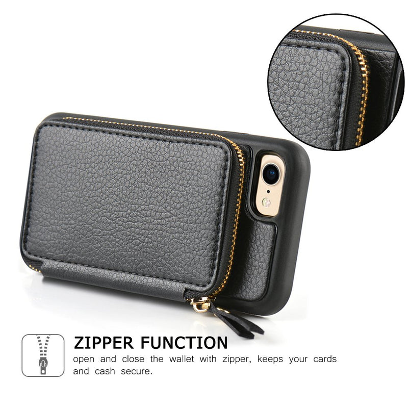 ZVE Case for Apple iPhone 8 and iPhone 7, 4.7 inch, Leather Wallet Case with Credit Card Holder Slot Zipper Wallet Pocket Purse Handbag Wrist Strap Protective Cover for iPhone 8/7/SE(2020) - Black