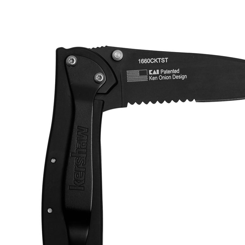 Kershaw Leek, Black Serrated Pocket Knife (1660CKTST); 3 inch Partially Serrated 14C28N Steel Blade, 410 Stainless Steel Handle, Cerakote Blade Finish, SpeedSafe Open, Pocketclip, 3 OZ