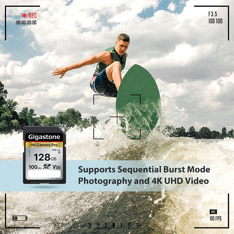 Gigastone 128GB SD Card V30 SDXC Memory Card High Speed 4K Ultra HD UHD Video Compatible with Canon Nikon Sony Pentax Kodak Olympus Panasonic Digital Camera SD 128GB V30 1PK