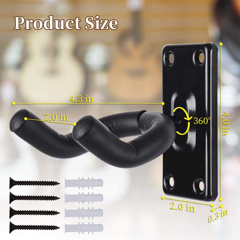 Guitar Wall Mount Hanger Hook Holder Stand 2 Pack Guitar Hangers Hooks for Acoustic Electric and Bass Guitars (2Pack-Black)