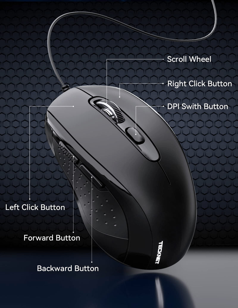 TECKNET Wired Mouse, USB Wired Computer Mouse, 3600DPI 4 Adjustable Levels, 6-Button Ergonomic Mice, Home and Office Mouse for Laptop PC Desktop Notebook - Black