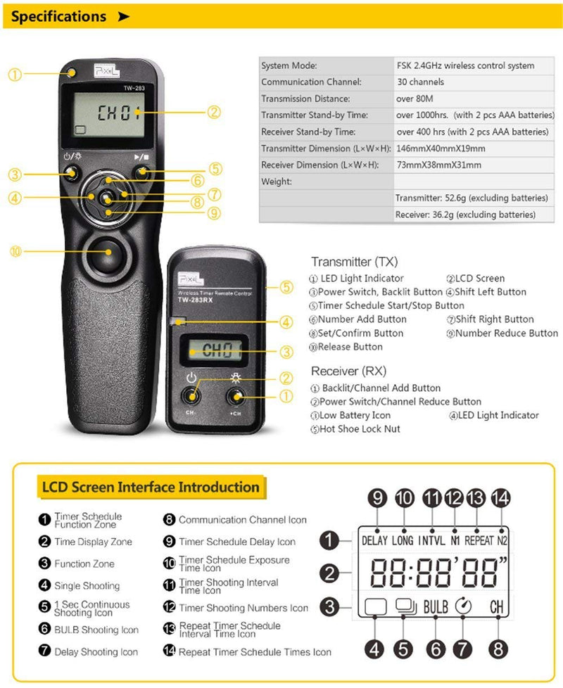 Pixel Timer Shutter Release TW283-N3 Wireless Remote Control for Canon 5D Mark III/ 5D Mark IV/ 5D 6D /7D Mark II/ 7D 50D 40D 30D D60 D30 1DX MARKII