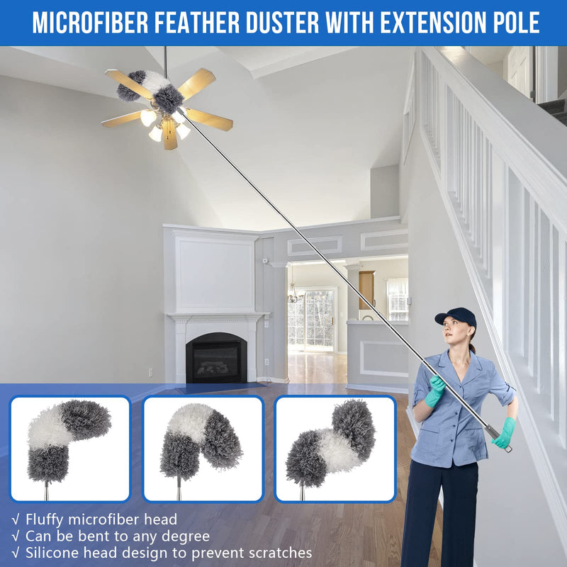 Dusters for Cleaning, Extendable Microfiber Duster with Extension Pole 30 to 100 Inches, Reusable Bendable Dusters Long Feather Duster Kit for Cleaning High Ceiling Fan, Lamp, Furniture, Blinds, Car