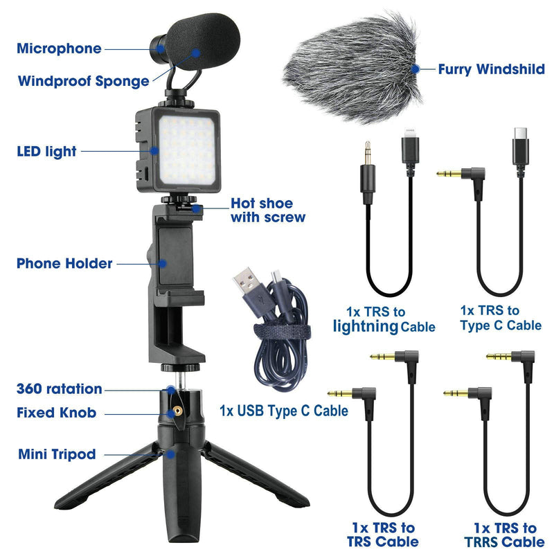 EACHSHOT Vlogging Kit for iPhone Smartphone Android Cellphone w/Vlog Mic Microphone/LED Light/Tripod Stand/Phone Holder/Cables,Portable Video Recording YouTube Tiktok Twitch Live Streaming Equipment