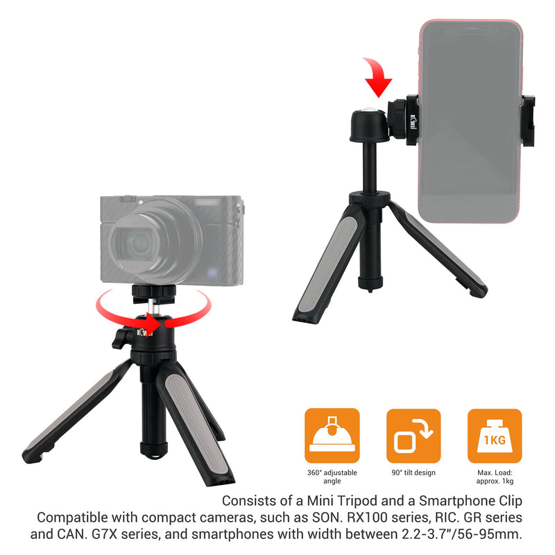 KIWIFOTOS Mini Tripod Stand + Cell Phone Clip, Selfie Stick Handle Grip for Sony ZV-E10 ZV-1 ZV1 RX100VII RX100VA A6400 A6600 Compact Cameras Vlogging iPhone Samsung Webcam Samrt Phone Accessories Mini Tripod + Phone Clip