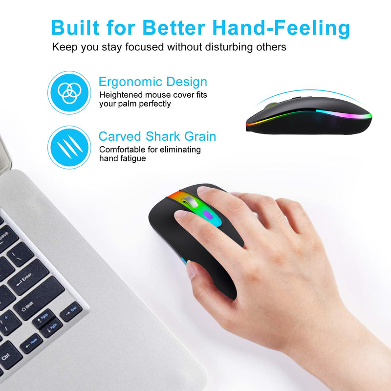 [AUSTRALIA] - HZD LED Wireless Mouse, Slim Silent Rechargeable Mouse, 2.4G Portable USB Optical Mouse with Type C Adapter, 3 Adjustable DPI Levels 1600/1200/800 Computer Mouse for Laptop,PC,MacBook,Notebook Black 