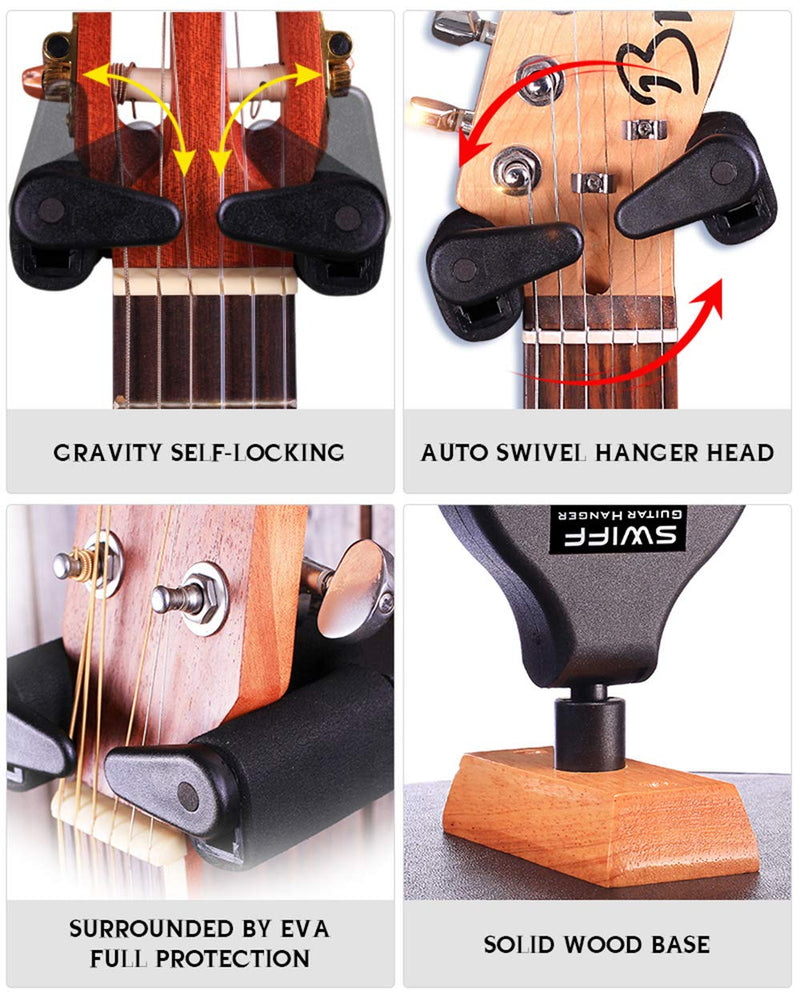 SWIFF Guitar Hanger Auto Lock Guitar Wall Hanger Wall Mount Hook Holder Stand for All String Instrument Like Electric Acoustic Guitar Bass, Banjo, Mandolin and More (Hard Wood Base)