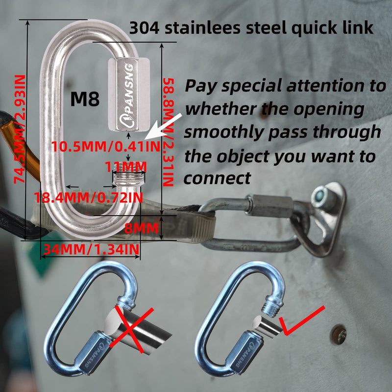 PANSNG 15kN 5/16 in Threaded Quick Link Chain Connector Heavy Duty Stainless Steel Chain Repair Link Safety Oval Locking Carabiner Large M8(8mm) for Swing/Hammock/Gym M8-4PCS Silver