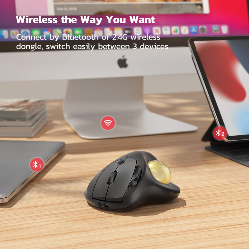 Wireless Trackball Mouse, Rechargeable Ergonomic Mouse, Easy Thumb Control, Precise & Smooth Tracking, 3 Device Connection (Bluetooth or USB), Compatible for PC, Laptop, iPad, Mac, Windows, Android Gold