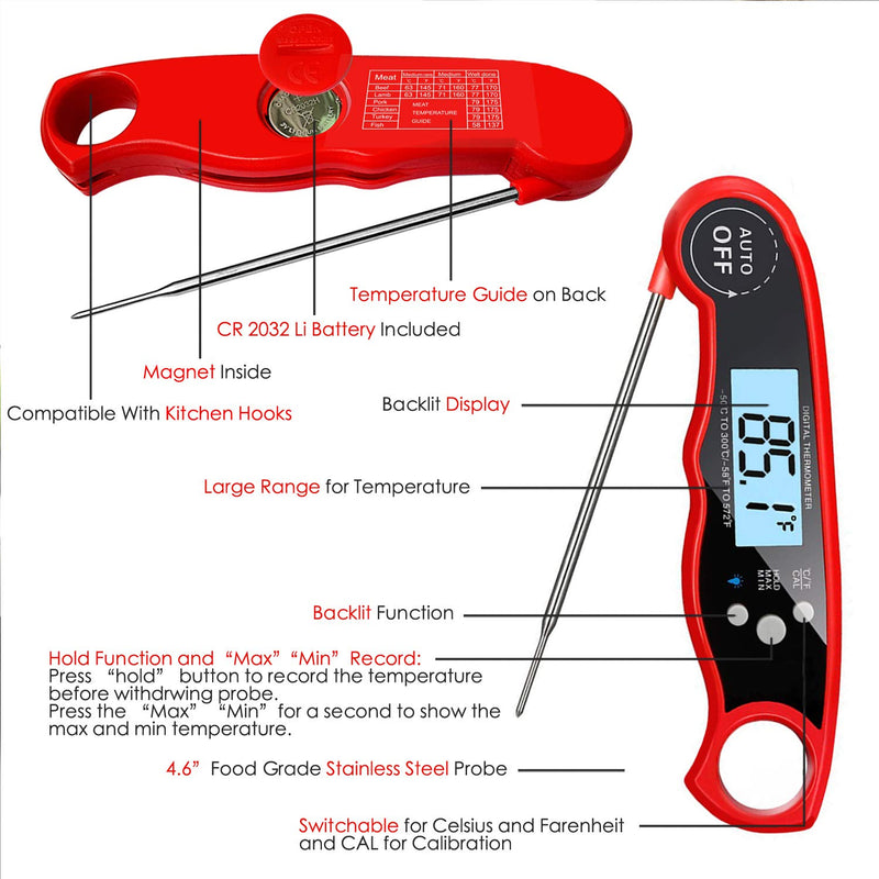 Digital Instant Read Meat Thermometer – Joso Waterproof Kitchen Food Cooking Thermometer Super Fast Read Probe with Calibration & Backlit LCD for BBQ, Candy, Milk, Tea, Grilling, Smokers, Baking