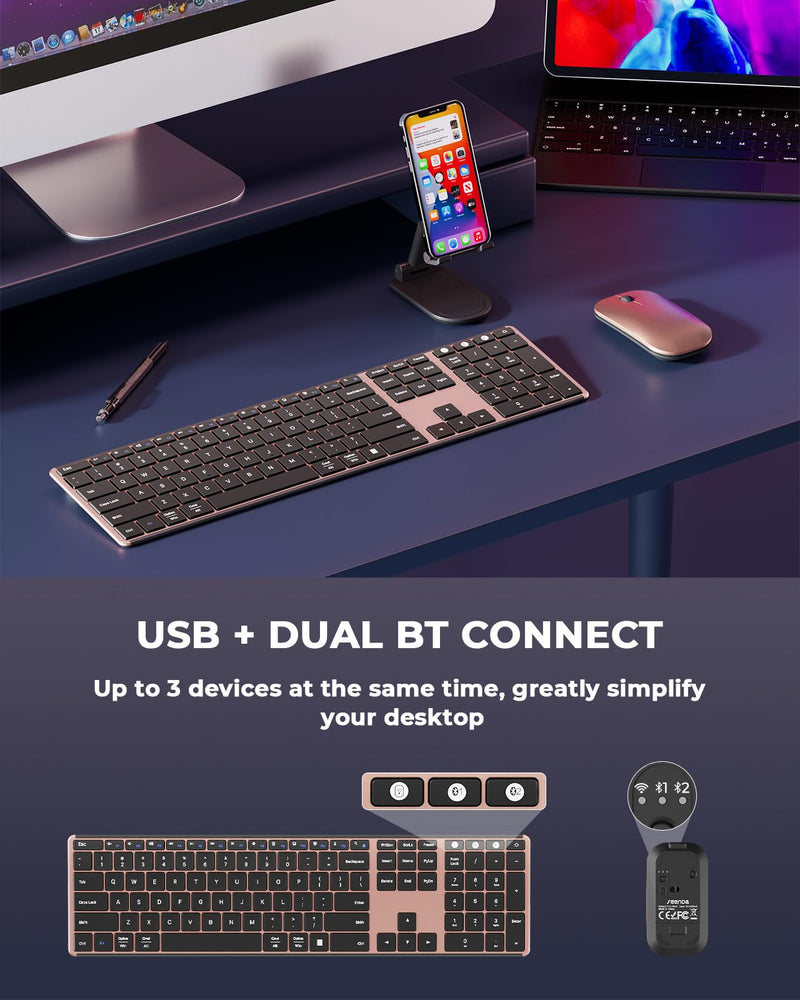 seenda Wireless Bluetooth Keyboard and Mouse Combo (USB + Dual BT), Multi-Device Rechargeable Slim Keyboard and Mouse, Compatible for Win 7/8/10, MacBook Pro/Air, iPad, Tablet - Black Rose Gold Black Rose Gold Keyboard and Mouse