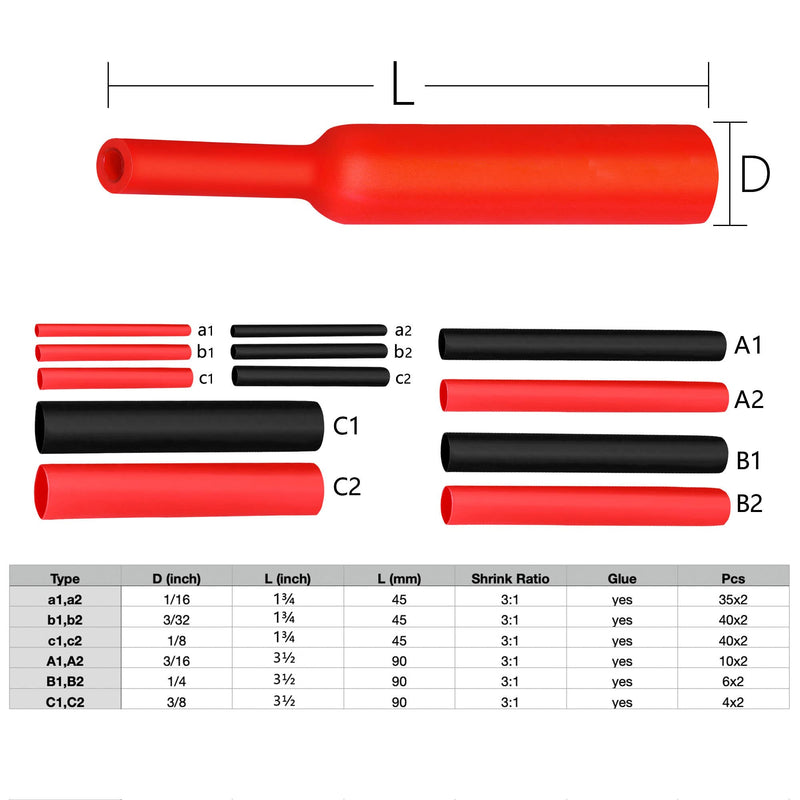 [AUSTRALIA] - Ginsco 270Pcs 3:1 Shrink Ratio Dual Wall Adhesive Lined Heat Shrink Tubing Tube 6 Size: 3/8",1/4",3/16",1/8",3/32",1/16", 2 Color KIT Black Red 270 