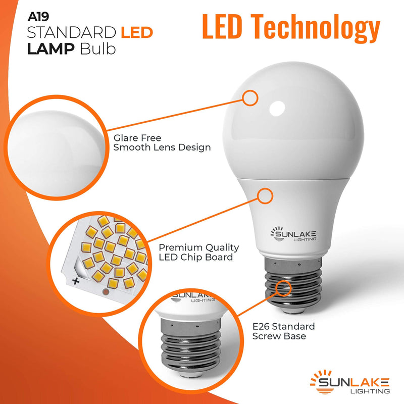 SunLake 10 Pack Standard LED Light Bulb, A19, E26 Base, 2700k Soft White, 8 WATT (60 WATT Equivalent) , 800 LUMENS, Dimmable , UL & Energy Star Soft White - 2700K 8 Watt - 10 Pack