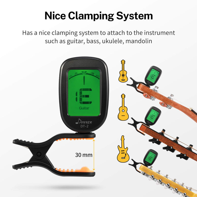 Donner Guitar Tuner Clip on DT-2 Chromatic Digital Tuner Acoustic Guitars, Banjo, Ukulele, Violin, Bass