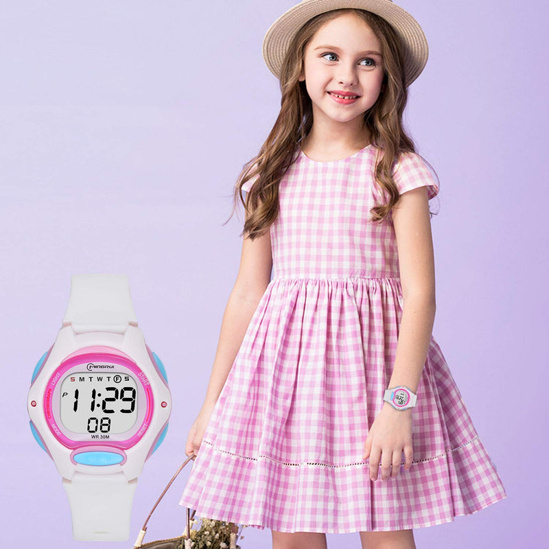 Kids Digital Watch for Girls Boys,Children Watches Waterproof Multi-Functional WristWatches with Alarm/Stopwatch White-8207
