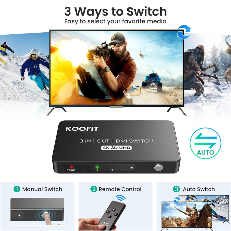 HDMI Switch 3 in 1 Out, 4K HDMI Splitter with Remote Automatic Switch, HDMI Switch Box for PS5, PS4, PS3, Fire Stick, Blu-Ray, DVD, Roku, Laptop, PC, Apple TV