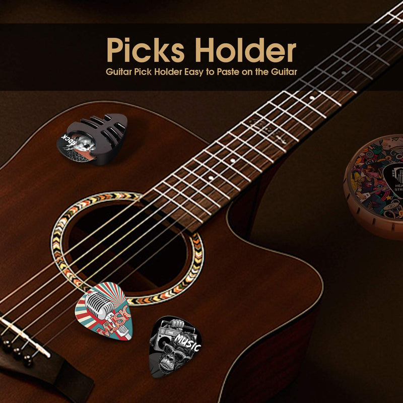 Unique guitar picks. The pick holder is easy to paste anywhere on the guitar as you want, suitable for bass, electric guitar, folk guitar and ukulele. It’s the best gift for guitar lovers.